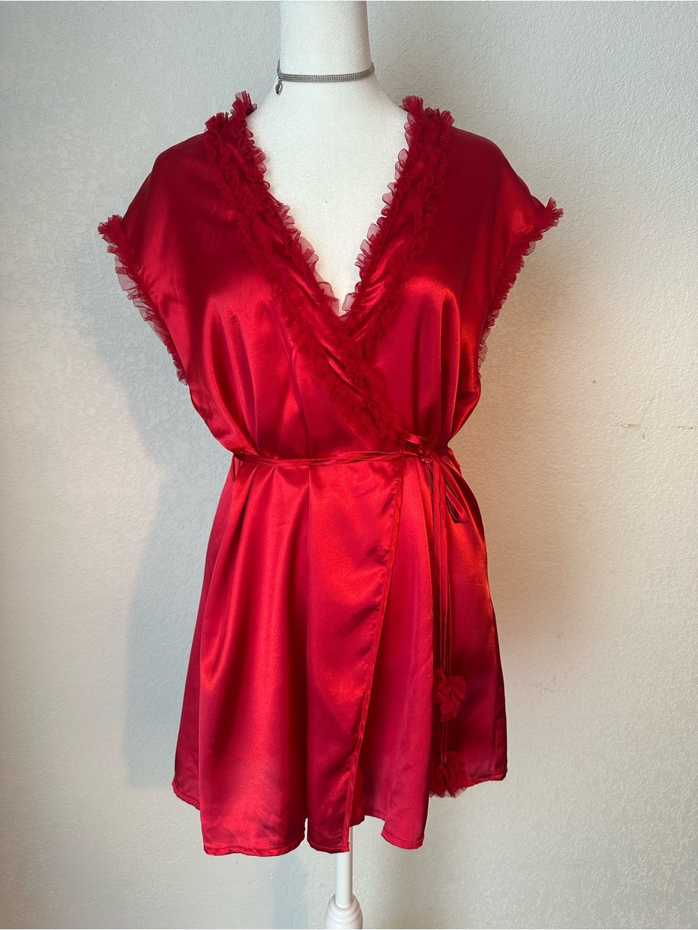 Frederick's of Hollywood Red Satin Ruffle-Trim Wrap Robe